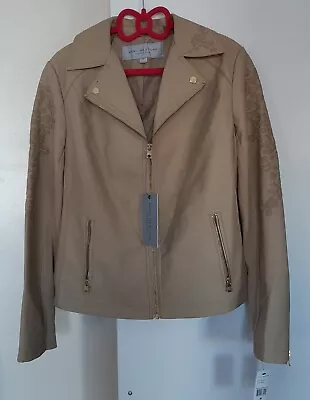 Buy Andrew Marc NY Momma Moto Jacket Faux Leather Embroidered Size Medium UK 12 Zip • 16.99£