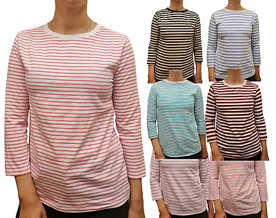 Buy Ladies Basic Stretch Stripe Cotton Rich Casual Tops Crew 3/4 Sleeve • 6.99£