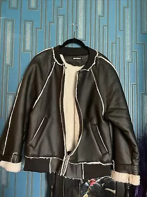 Buy Oversized Faux  Leather Jacket Raw Edge Trim Teddy Bear Fur Lining S-M 40ins • 5£