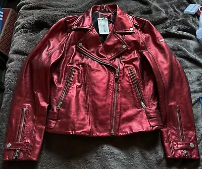 Buy Superdry Metallic Leather Biker Jacket Red Size 12 • 150£