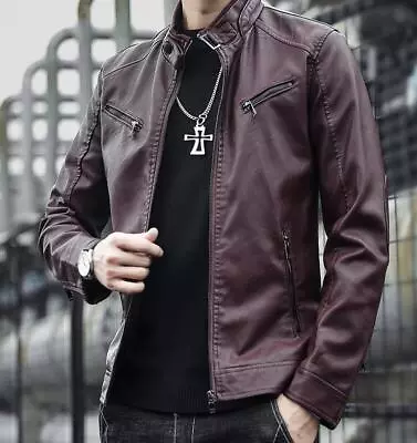Buy New Men's Motorcycle Leather Jacket Korean Slim Casual PU Leather Top Jackets • 44.38£