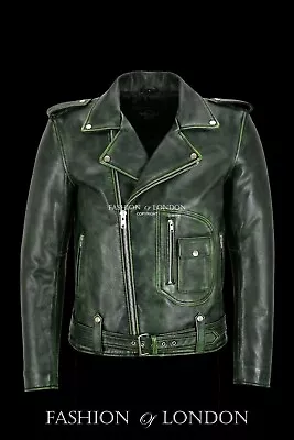 Buy Men's Real Leather Riding Jacket Green Vintage Thick Cowhide Brando Biker Style • 106.92£