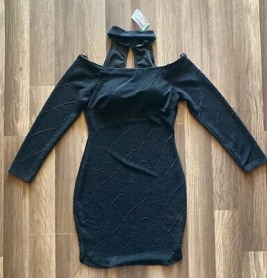 Buy Papaya Shiny Black Stretch Mini Dress With Choker Size L Long Sleeves • 9.64£