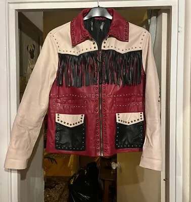 Buy ASOS Real Leather Boho Western Cowboy Fringed Studded Jacket Pink/Red/Black 6-10 • 70£