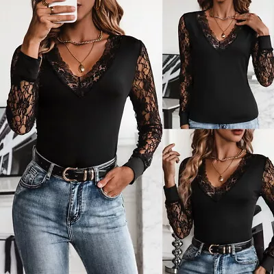 Buy Womens V Neck Long Sleeve Lace Slim Fit T-shirts Ladies Solid Casual Blouse Tops • 10.79£