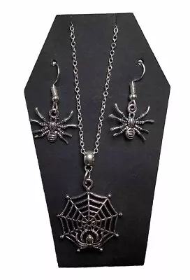 Buy Handcrafted Gothic Jewellery Set Spiderweb Necklace And Earrings Silver Plate • 5.99£