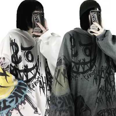 Buy Women Gothic Graffiti Oversize Hoodies Smile Face Printed Long Sleeve Sweatshirt • 18.25£