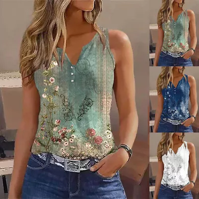 Buy Women Floral V Neck Tops Ladies Summer Holiday Sleeveless T Shirt Blouse Size 14 • 10.79£