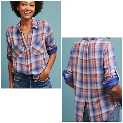 Buy Cloth & Stone Anthropologie Red Blue Plaid Split Back Button Down, Size S • 21.16£