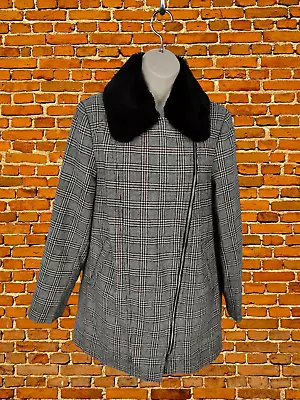 Buy Womens Dorothy Perkins Uk 10 Black Mix Check Faux Fur Collar Zip Up Coat Jacket • 12.99£