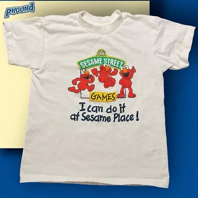 Buy Vintage Sesame Place Elmo T-shirt Youth M 7/8 White Graphic Sesame Street 90s • 15.78£