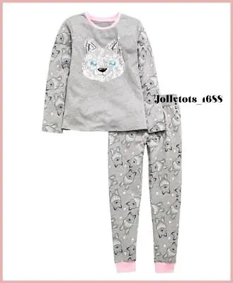 Buy Very Girls Grey Pyjama Set 2 Piece Wolf Print Long Sleeved P.J's Nightwear NEW • 10.99£