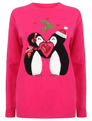 Buy Merry Christmas Lightweight Long Sleeve Christmas Jumper Pink With Penguins • 17.99£