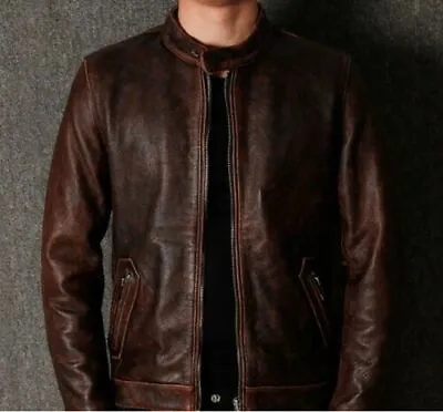 Buy Mens Vintage Dark Brown Distressed Real Soft Sheep Leather Slim Fit Band Jacket • 29£