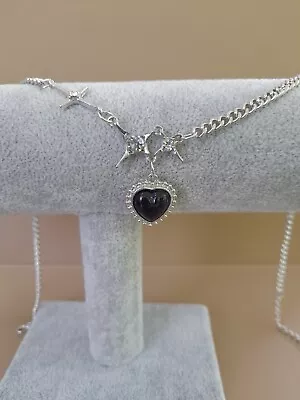 Buy New Silver Curb Chain Necklace With Black Heart, & Gem Stars.  Costume Jewellery • 5.50£