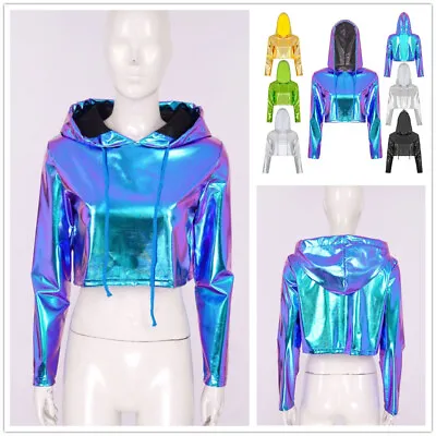 Buy Lady Shiny Crop Top Hoodie Rave Casual Long Sleeve Pullover Disco Dance Clubwear • 23.75£