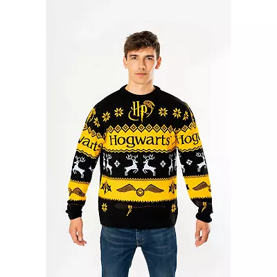 Buy Deluxe Christmas Hogwarts Harry Potter Knitted Jumper Adults Black & Yellow • 36.99£