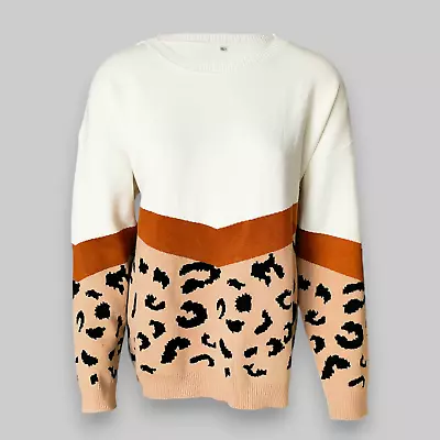 Buy Women Knitwear Patchwork Sweater Winter Leopard Print Jumper Pullover Tops XL • 10.77£