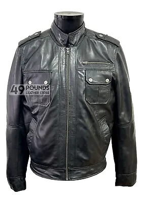Buy Mens Black Leather Jacket 100% REAL NAPA Stand UP Collar Biker Style Jacket M154 • 41.65£