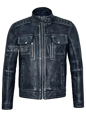 Buy Men's Vintage Navy Blue Racing Denim Look Biker Real Leather Jacket 1802 • 41.65£