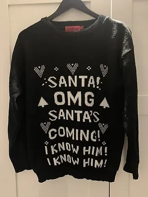 Buy Christmas Jumper Black Boohoo Size  M-L Omg Santa’s Coming I Know Him • 8.99£