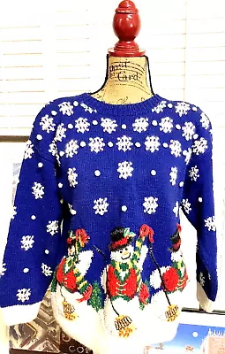 Buy Vintage Marisa Christina 1994 Christmas Collection Sweater Blue Snowman Size S • 27.08£