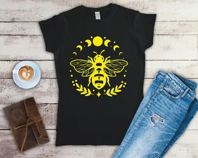 Buy Bee And Moon Phases Ladies Fitted T Shirt Sizes SMALL-2XL • 12.49£