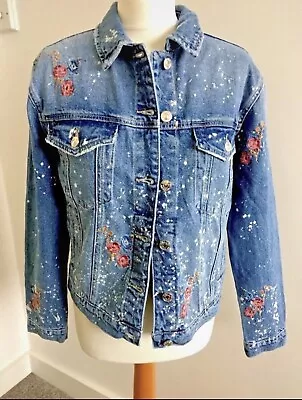 Buy NEW Women’s Classic Blue Denim Distressed Floral Embroidery Jeans Jacket 8 UK • 22.77£