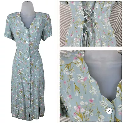 Buy Vintage 90s Shirt Dress Size 16 Floral Cottagecore Lace Up Tie Back Alt Blue • 42.62£