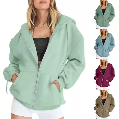Buy Womens Long Sleeve Hooded Sweatshirt Hoodie Zip Up Track Jackets With Pockets • 17.14£