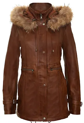 Buy Women's Tan Leather Jacket Detachable Hooded Parker Trench Coat • 139.99£