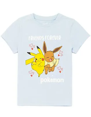 Buy Pokemon T-Shirt Girls Kids Pikachu Eevee Friends Game Blue Top • 10.99£