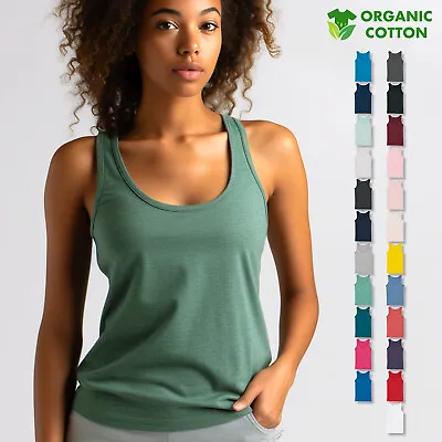 Buy Womens Organic Cotton Tank Top Ladies Deep Scoop Vest Sleeveless T-Shirt Top Tee • 5.49£