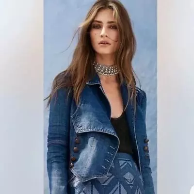 Buy FREE PEOPLE Denim Military Band Jacket Size Small Cropped Double Breasted • 56.69£