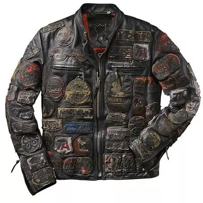 Buy Punk Biker Embroidery Patchwork Streetwear Vintage Wax Black Real Leather Jacket • 429£