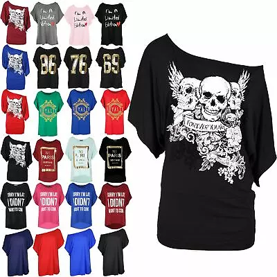 Buy Womens Skull Bardot Batwing Sleeve Off One Shoulder Ladies Mini Tops Tee T Shirt • 5.49£