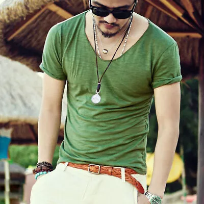Buy Mens Wide Neck T Shirts Cotton V-Neck Slim Short Sleeve Fashion Casual Tees Top • 9.59£