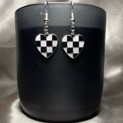 Buy Handmade Black White Love Heart Earrings Gothic Gift Jewellery Fashion Accessory • 3.60£