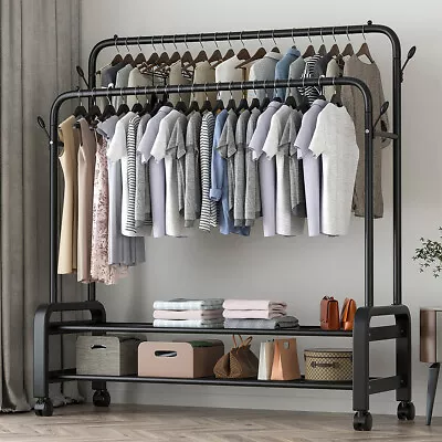 Buy Heavy Duty Metal Double Rail Clothes Garment Hanging Rack Shelf Display Stand • 39.95£