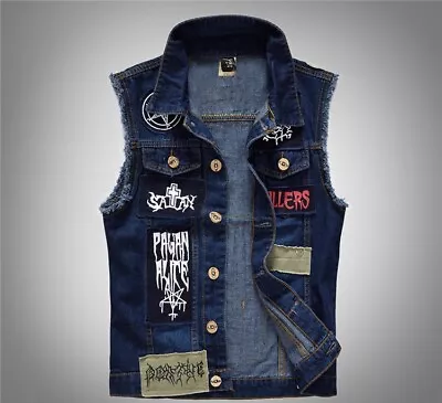 Buy Men Patch Denim Vest Jean Jacket Waistcoat Sleeveless Vintage Punk Casual Jacket • 28.79£