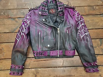 Buy Iok Custom Leather Jacket. Goth. Punk. Handpainted. XS. Halloween. Spikes • 40.03£