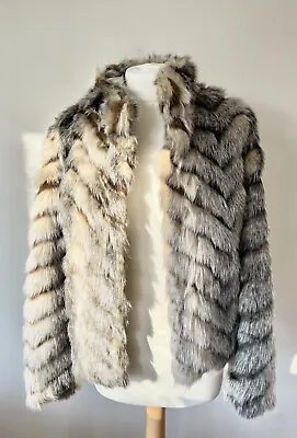 Buy Faux Fur Jacket Size UK6/8 TopShop Mobwife Chevron Design Hook Clasp Beige Brown • 28£