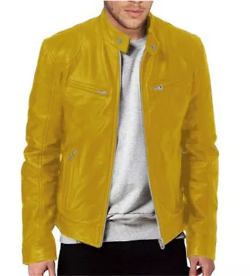 Buy UK Mens Cafe Racer Basic Vintage Leather Coats Casual Slim Fit Real Biker Jacket • 21.41£