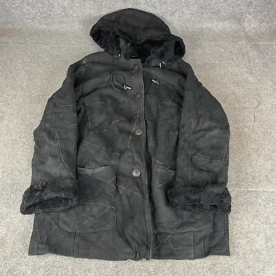 Buy VINTAGE Sheepskin Jacket Womens Large Black Coat Hooded Leather Soft Hide • 12£
