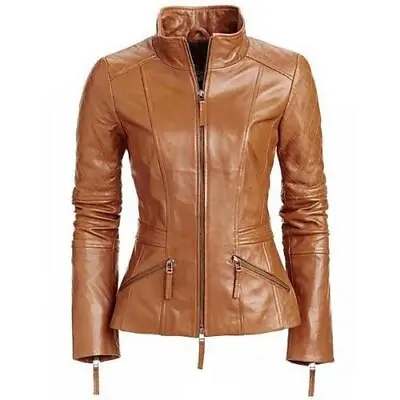 Buy English Women's Tan Real Leather Jacket Stylish Quilted Patches Biker Wear Coat • 105.11£