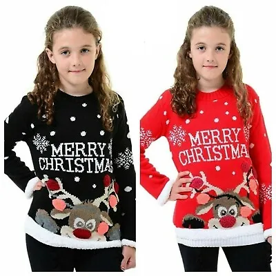 Buy Kids Girls Xmas Jumper A Merry Christmas Kids Tree 3d Pom Pom Jumpers 3-13 Years • 10.99£