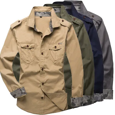 Buy Men's Casual Long Sleeve Cargo T-shirts Military Dress Shirt Double Pockets Top • 28.07£