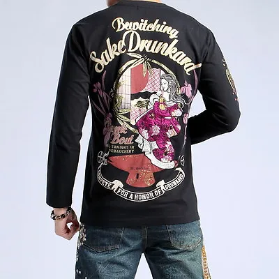 Buy Mens Japanese Pattern Embroidery T-Shirt Long Sleeve  Ukiyo-e Debauchery Unisex • 83.88£