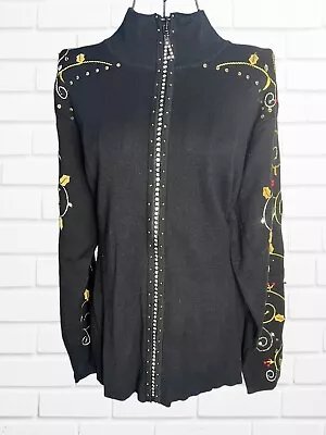 Buy Quaker Factory Womens L Christmas Holly Berry Black Zip Up Cardigan Bead Sweater • 33.07£