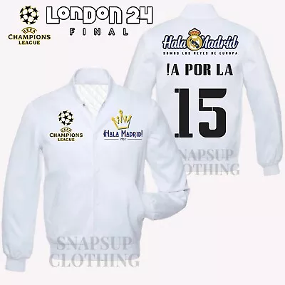 Buy Real Madrid CF Champions League 24 A Por La 15 White Satin Bomber Varsity Jacket • 99.22£